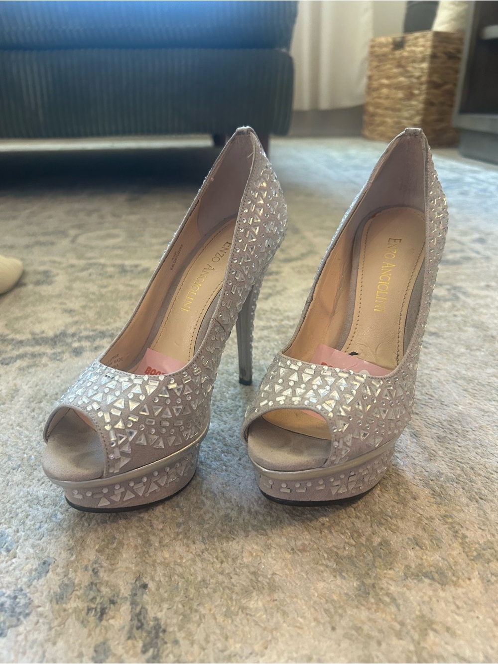 Enzo Angiolini Silver Crystal Peep-Toe Platform Heels